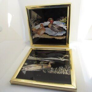 Vintage Pair Kafka Foiled Screened Etching Glass Art Ducks #1016 #1